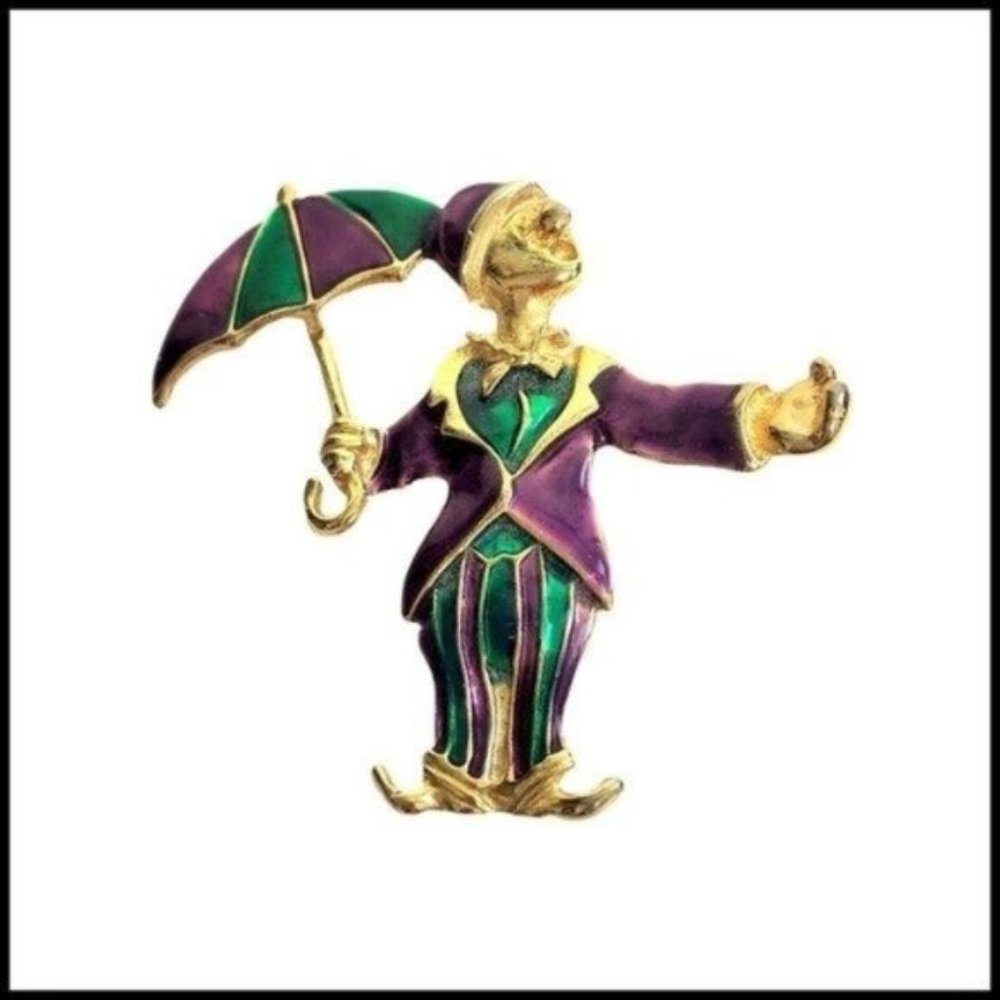Vintage Clown with Umbrella Enameled Brooch 1950's‎ Gold Tone Colorful Purple